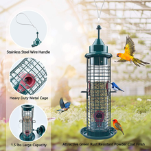Load image into Gallery viewer, Green Caged Tube Bird Feeder Hanging Premium Squirrel Proof Wild Bird Feeder All Metal Cage Polycarbonate Feed Tube with 4 Feeding Ports for Outdoor Small Bird Wild Shelter
