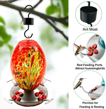 Load image into Gallery viewer, Garden Hummingbird Feeder with Perch - Hand Blown Glass - Blue - 25 Fluid Ounces Hummingbird Nectar Capacity Include Hanging Wires and Moat Hook (Red Phoenix)
