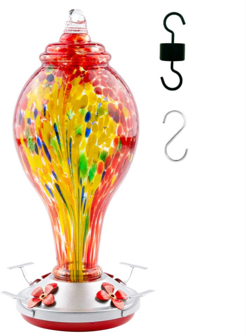 WOSIBO Hummingbird Feeder for Outdoors Patio 36 Ounces Colorful Hand Blown Glass Hummingbird Feeder with Ant Moat, Hanging Hook, Rope, Brush and Service Card (Blue)