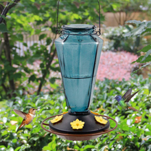 Load image into Gallery viewer, Juegoal Glass Hummingbird Feeders for Outdoors - 22 oz Wild Bird Feeder 5 Feeding Ports, Diamond Shaped Metal Handle Hanging for Garden Tree Yard Outside Decoration, Gray-Blue
