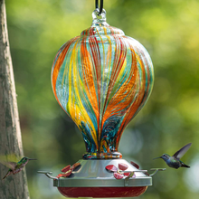 Load image into Gallery viewer, Muse Garden Hummingbird Feeder for Outdoors, Hand Blown Glass, 32 Ounces, Containing Ant Moat, Nebula
