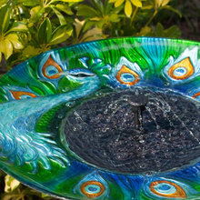 Load image into Gallery viewer, Argus Peacock Glass Solar Birdbath - design
