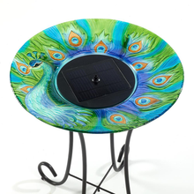 Load image into Gallery viewer, Argus Peacock Glass Solar Birdbath - Design
