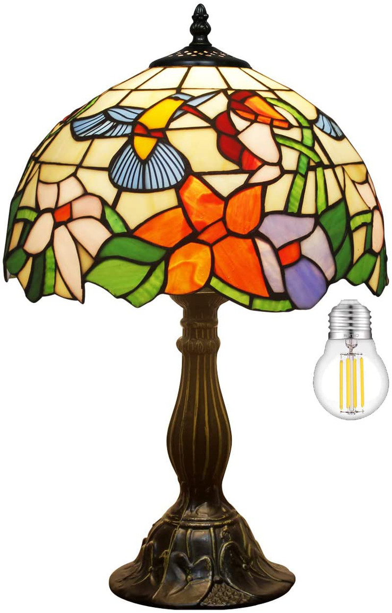 Tiffany Lamp W12H18 Inch (LED Bulb Included) Hummingbird Stained Glass Reading Table Bedside Desk Light S101 WERFACTORY Lamps Antique Art Craft Gifts Lover Kid Living Room Bedroom Study Coffee Bar