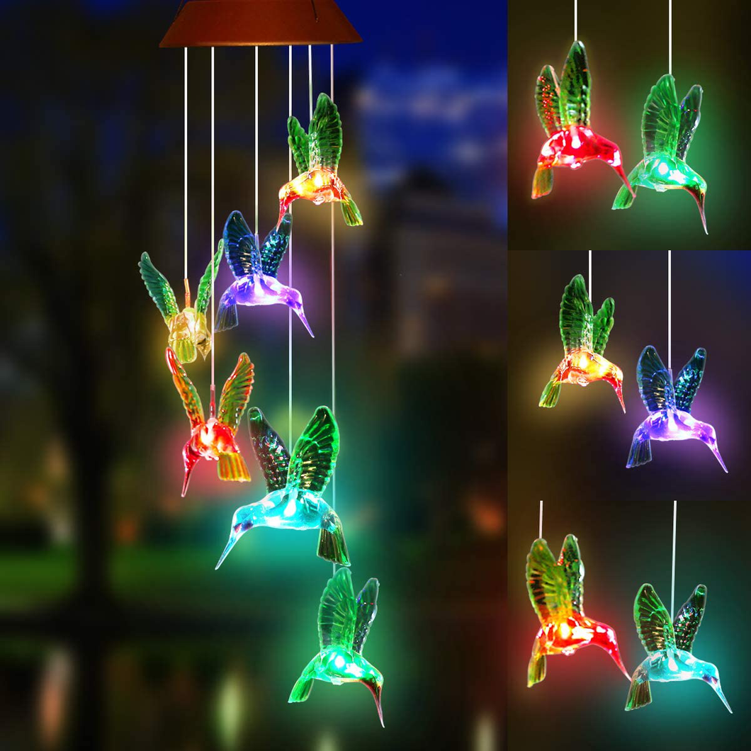 PATHONOR Solar Hummingbird Wind Chimes, Color Changing Solar Wind Chime Outdoor Waterproof Hummingbird LED Solar Lights, Gifts for Mom Grandma Birthday Christmas Party Night Garden Hanging Decoration