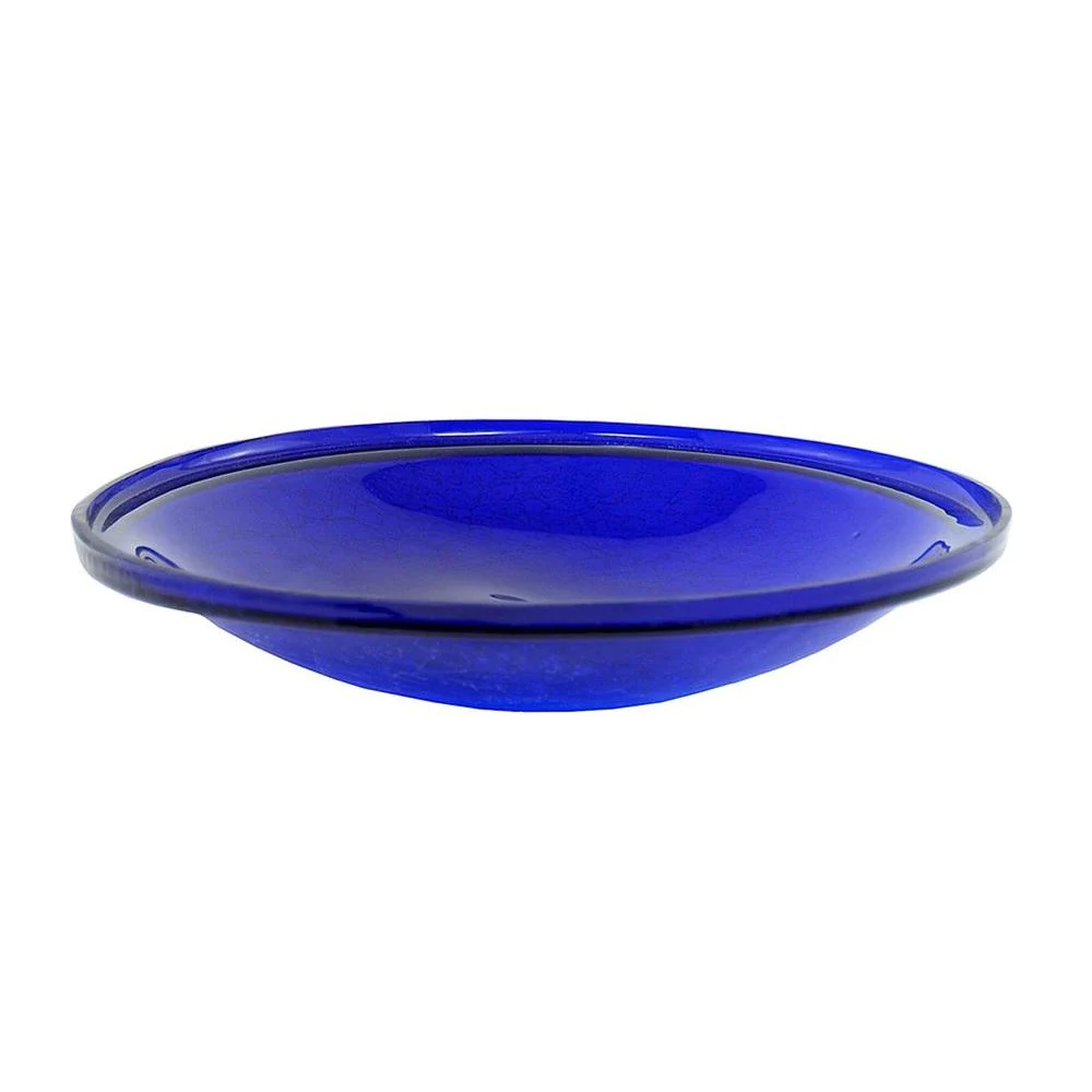 14 in. Dia Cobalt Blue Reflective Crackle Glass Birdbath Bowl