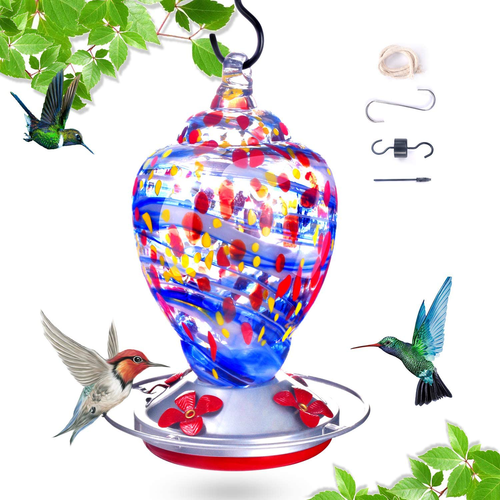 Hummingbird Feeder for Outdoor,Hummingbird Bird Feeder,Hand Made Glass Humming Bird Feeder for Outside, Upgraded Leak with Ant Moat and S Hook, 28 Ounce (Blue, 28ounce)
