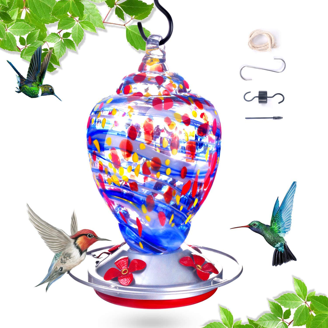 Hummingbird Feeder for Outdoor,Hummingbird Bird Feeder,Hand Made Glass Humming Bird Feeder for Outside, Upgraded Leak with Ant Moat and S Hook, 28 Ounce (Blue, 28ounce)