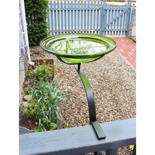Load image into Gallery viewer, 12.5 in. Dia Fern Green Reflective Crackle Glass Birdbath Bowl with Rail Mount Bracket
