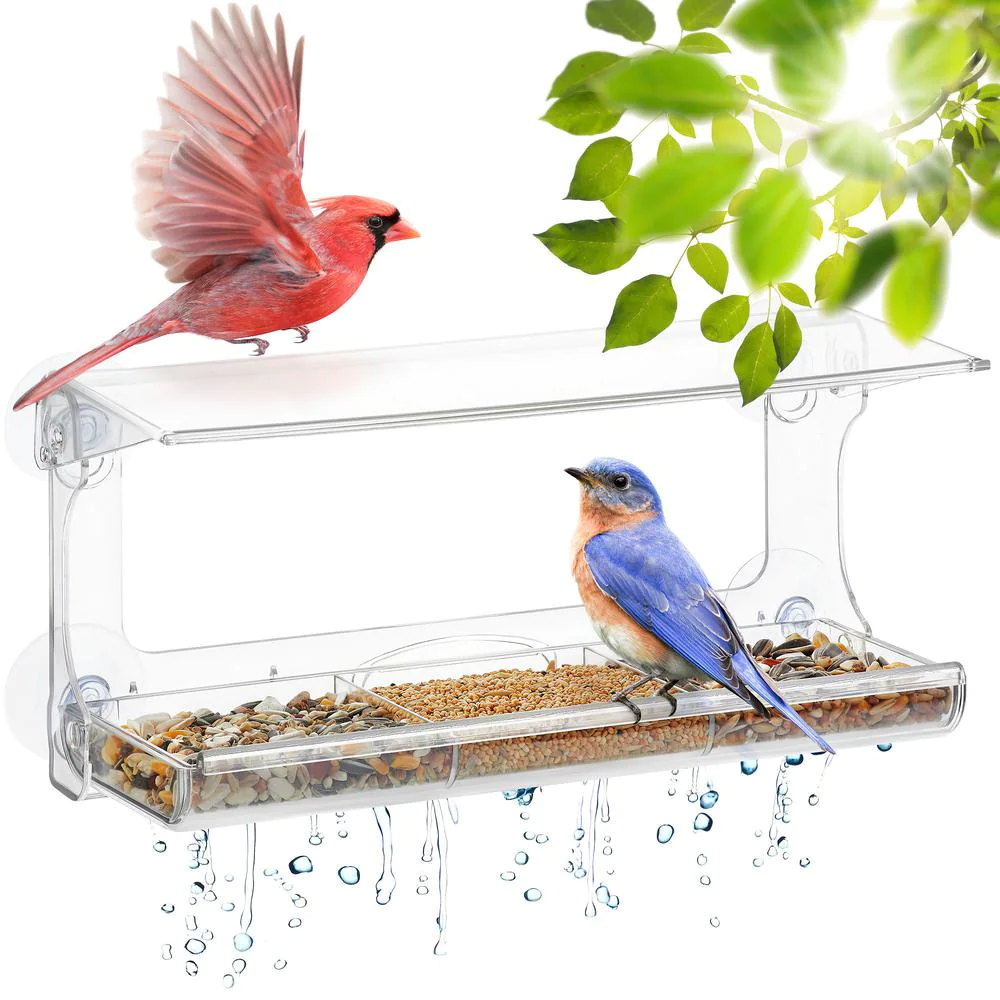 Weatherproof Window Bird Feeder with Strong Suction Cups, Drainage Holes, and 3-Sectioned Removable Tray