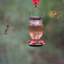 Load image into Gallery viewer, Prohibition Top-Fill Decorative Glass Hummingbird Feeder - backyard
