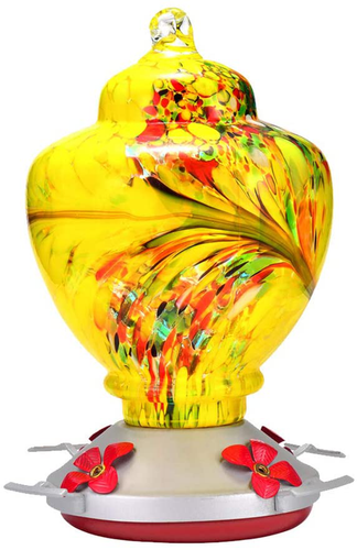 X-CHANGEABLE Yellow Hummingbird Feeder with Perch - Hand Blown Glass - 38 Ounces Hummingbird Nectar Capacity Include Hanging Wires and Moat Hook
