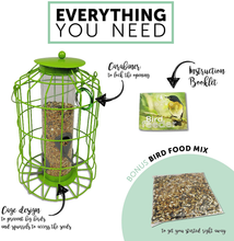 Load image into Gallery viewer, Bird Feeder | Caged Tube Bird Feeder | Squirrels and Large Birds Deterrent | Premium Materials | Weatherproof and Water Resistant | Great for Outdoors | Bonus: Includes Bird Food Mix (Lime)
