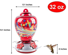 Load image into Gallery viewer, WOSIBO Hummingbird Feeder for Outdoors Patio Large 34 Ounces Colorful Glass Hummingbird Feeder with Ant Moat Hanging Hook, Rope, Brush and Service Card (Red)
