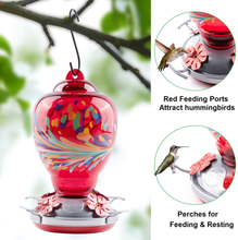Load image into Gallery viewer, WOSIBO Hummingbird Feeder for Outdoors Patio Large 34 Ounces Colorful Glass Hummingbird Feeder with Ant Moat Hanging Hook, Rope, Brush and Service Card (Red)

