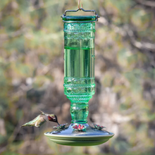 Load image into Gallery viewer, Green Antique Bottle Decorative Glass Hummingbird Feeder - 10 oz. Capacity
