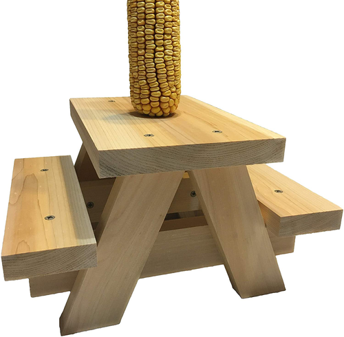 Squirrel Picnic Table Feeder - Large Squirrel Feeders for Outside Corn Cob Holders, Fun Hanging Mini Picnic Table for Squirrels, Wooden Platform Bench Made with Natural Resistant Cedar Wood Tree Mount