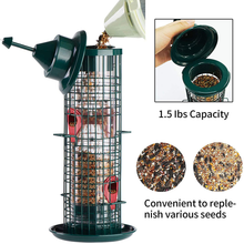 Load image into Gallery viewer, Bird Feeders for Outside,Squirrel Proof Bird feeders,Wild Bird Feeder with Steel Hanger,Classic Green Caged Tube Hanging Outdoor Window Bird Feeders,4 Feeding Ports,1.5-Pound Seed Capacity [Upgrade]
