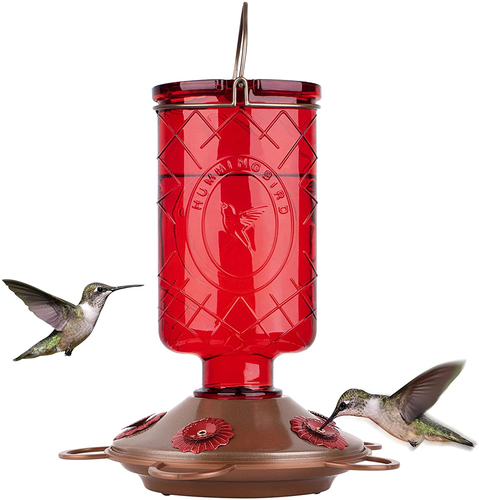 BOLITE 18005 Hummingbird Feeders, Glass Hummingbird Feeders for Outdoors, 5 Feeding Stations, 22 Ounces, Red Bottle