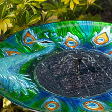 Load image into Gallery viewer, Argus Peacock Glass Solar Birdbath - design
