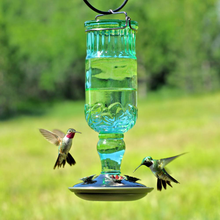 Load image into Gallery viewer, Green Antique Bottle Decorative Glass Hummingbird Feeder - 24 oz. Capacity
