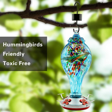 Load image into Gallery viewer, WOSIBO Hummingbird Feeder for Outdoors Patio 36 Ounces Colorful Hand Blown Glass Hummingbird Feeder with Ant Moat, Hanging Hook, Rope, Brush and Service Card (Blue)
