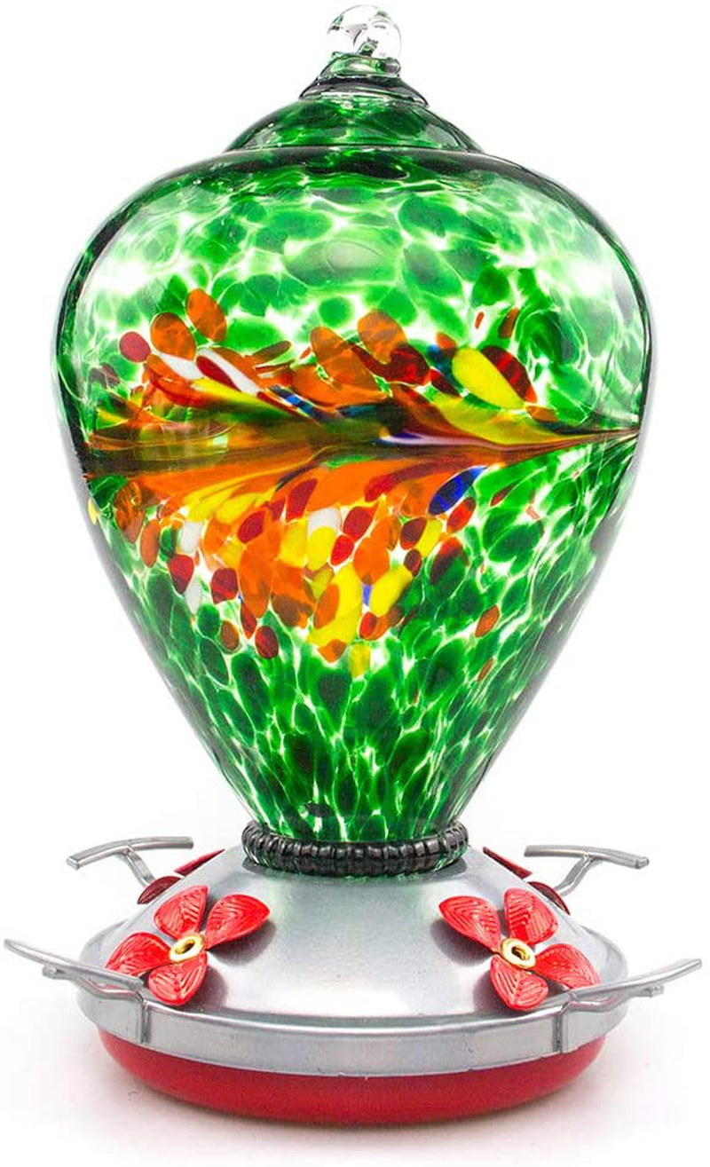 Muse Garden Hummingbird Feeder for Outdoors, Hand Blown Glass, 34 Ounces, Containing Ant Moat, Comet