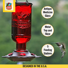 Load image into Gallery viewer, More Birds Elixir Hummingbird Feeder, Vintage Glass Medicine Bottle, 5 Feeding Ports and 13-Ounce Nectar Capacity
