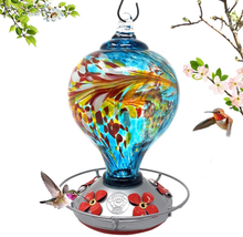 Load image into Gallery viewer, Grateful Gnome - Hummingbird Feeder - Hand Blown Glass - Large Blue Egg with Flowers - 36 Fluid Ounces Free Bonus Accessories S-Hook, Ant Moat, Brush and Hemp Rope Included
