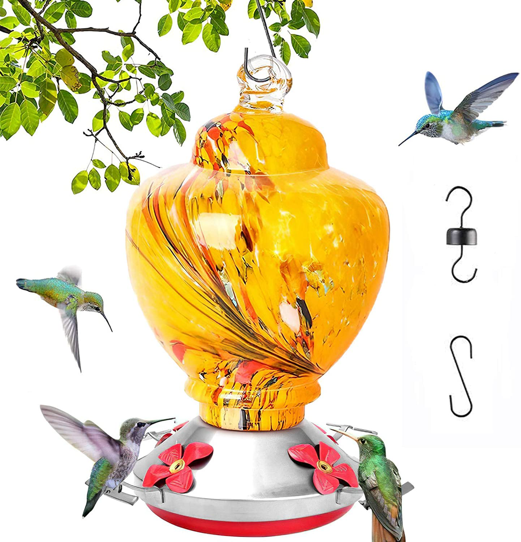 Hummingbird Feeders for Outdoors, Most Attractive Color, Hand Blown Glass Hummingbird Feeder, 38 Fluid Ounces Hummingbird Nectar Capacity Include Hanging Wires and Ant Moat Hook (001)