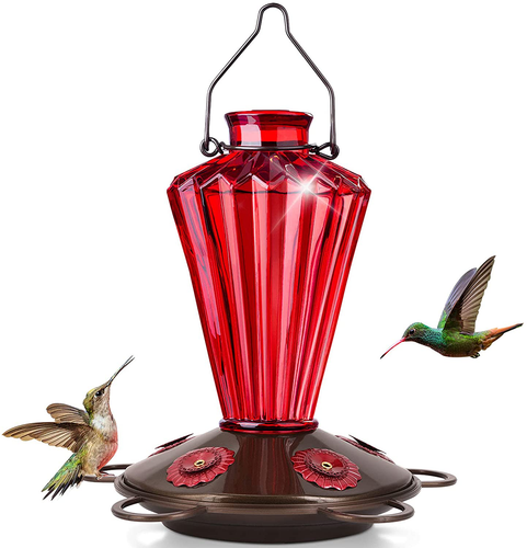 BOLITE 18017-R Hummingbird Feeder, Glass Hummingbird Feeder for Outdoors, Diamond Shape Bottle for Outside, 20 Ounces, Red