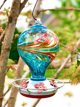Load image into Gallery viewer, Grateful Gnome - Hummingbird Feeder - Hand Blown Glass - Large Blue Egg with Flowers - 36 Fluid Ounces Free Bonus Accessories S-Hook, Ant Moat, Brush and Hemp Rope Included
