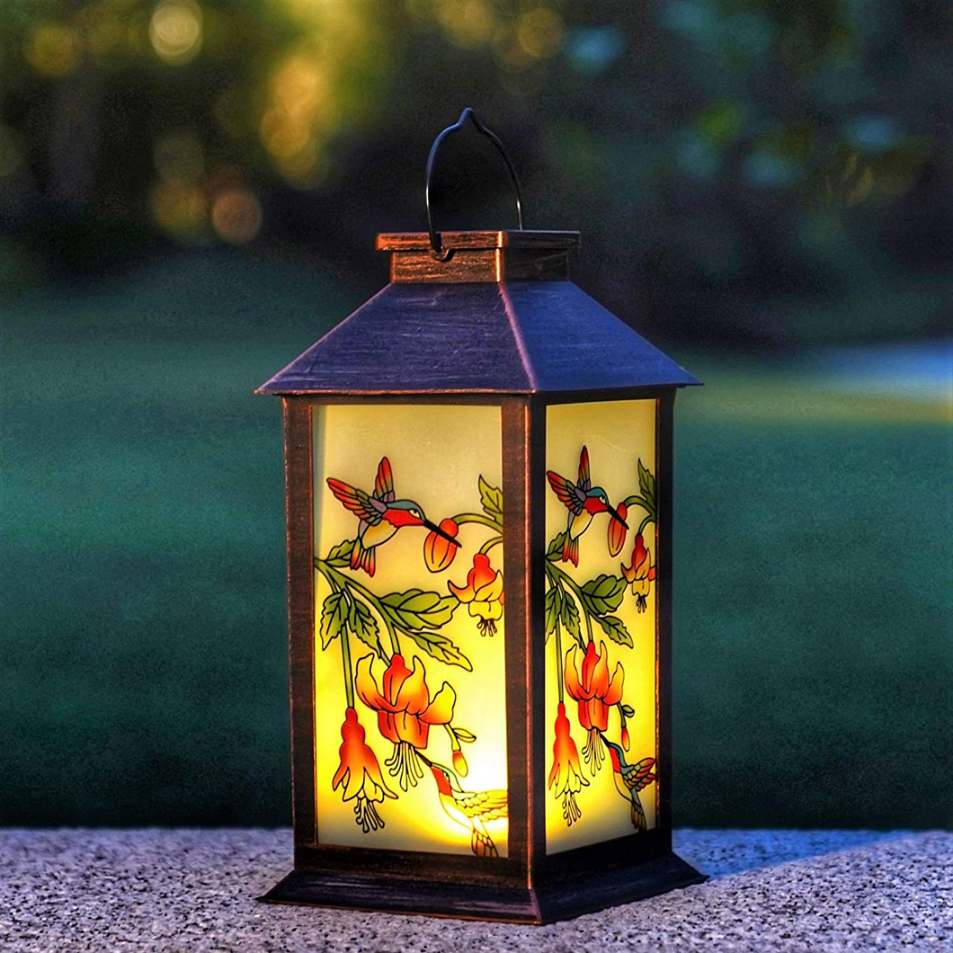Solar Lanterns Outdoor Hanging Solar Lights Decorative for Garden Patio Porch and Tabletop Decorations with Hummingbird Pattern.