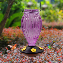 Load image into Gallery viewer, Juegoal Glass Hummingbird Feeders for Outdoors - 37 oz Wild Bird Feeder 5 Feeding Ports, Bud Shaped Metal Handle Hanging for Garden Tree Yard Outside Decoration, Violet
