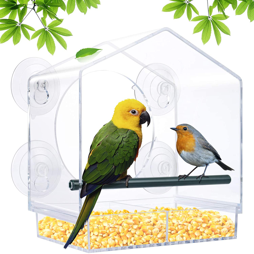 Acrylic Squirrel Proof Clear Window Bird Feeder with Strong Suction Cups and Sliding Seed Tray