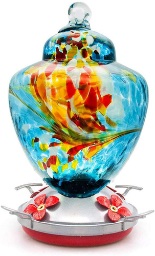 Blue Hummingbird Feeder with Perch - Hand Blown Glass - 38 Fluid Ounces Hummingbird Nectar Capacity Include Hanging Wires and Moat Hook