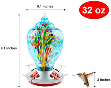 Load image into Gallery viewer, WOSIBO Hummingbird Feeder for Outdoors Patio Large 34 Ounces Colorful Hand Blown Glass Hummingbird Feeder with Ant Moat Hanging Hook, Rope, Brush and Service Card (Blue-Firework)
