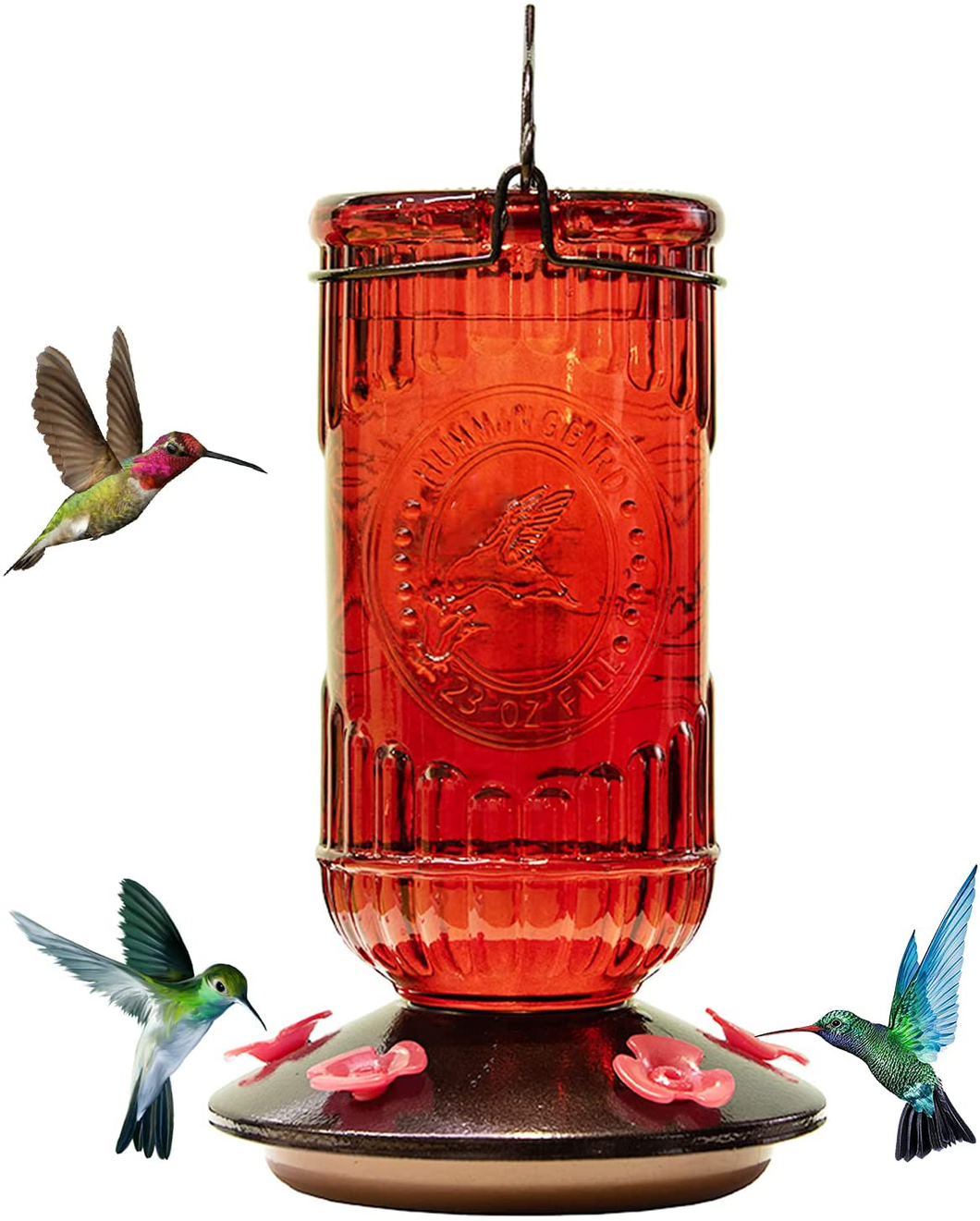 Nature's Rhythm Bird Feeder Vintage Red Antique Glass Bottle Hummingbird Feeder 5 Feeding Ports and 28-Ounce Nectar Capacity Per Feeder