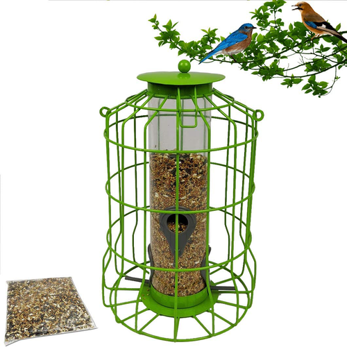 Bird Feeder | Caged Tube Bird Feeder | Squirrels and Large Birds Deterrent | Premium Materials | Weatherproof and Water Resistant | Great for Outdoors | Bonus: Includes Bird Food Mix (Lime)
