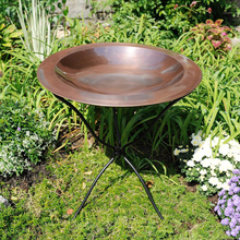 Load image into Gallery viewer, 24 in. Dia Antique Copper Plated Large Brass Classic Birdbath with Shallow Rimmed Bowl Outside

