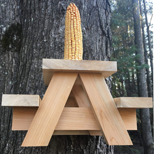 Load image into Gallery viewer, Squirrel Picnic Table Feeder - Large Squirrel Feeders for Outside Corn Cob Holders, Fun Hanging Mini Picnic Table for Squirrels, Wooden Platform Bench Made with Natural Resistant Cedar Wood Tree Mount
