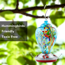 Load image into Gallery viewer, WOSIBO Hummingbird Feeder for Outdoors Patio Large 34 Ounces Colorful Hand Blown Glass Hummingbird Feeder with Ant Moat Hanging Hook, Rope, Brush and Service Card (Blue-Firework)
