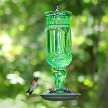 Load image into Gallery viewer, Green Antique Bottle Decorative Glass Hummingbird Feeder - 24 oz. Capacity
