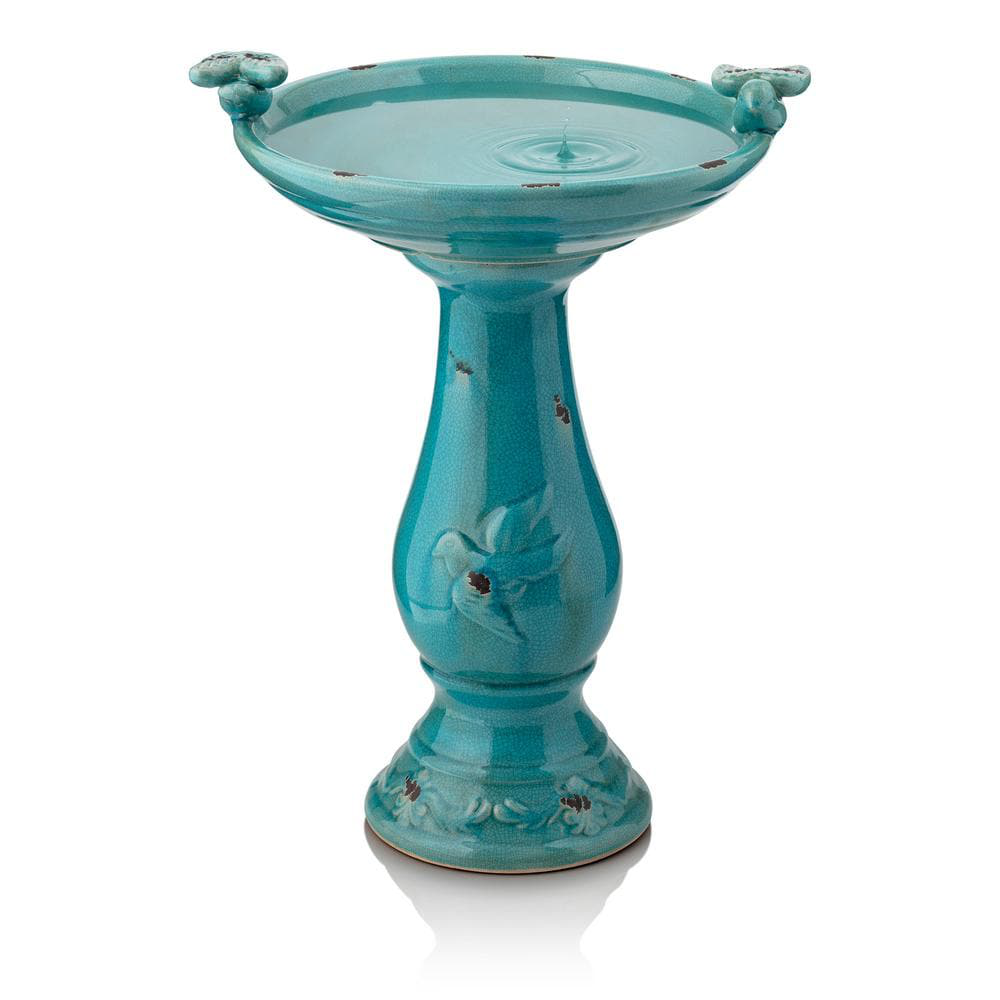 24 in. Tall Outdoor Ceramic Antique Pedestal Birdbath with 2 Bird Figurines, Turquoise