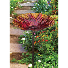 Load image into Gallery viewer, Glass Birdbath/Wild Bird Feeder Stake in Red Flame - outside
