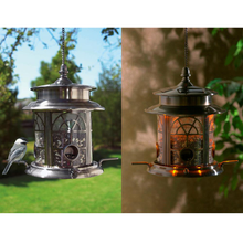 Load image into Gallery viewer, Arch Inlay Pewter Solar Bird Seed Feeder
