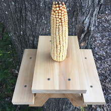 Load image into Gallery viewer, Squirrel Picnic Table Feeder - Large Squirrel Feeders for Outside Corn Cob Holders, Fun Hanging Mini Picnic Table for Squirrels, Wooden Platform Bench Made with Natural Resistant Cedar Wood Tree Mount
