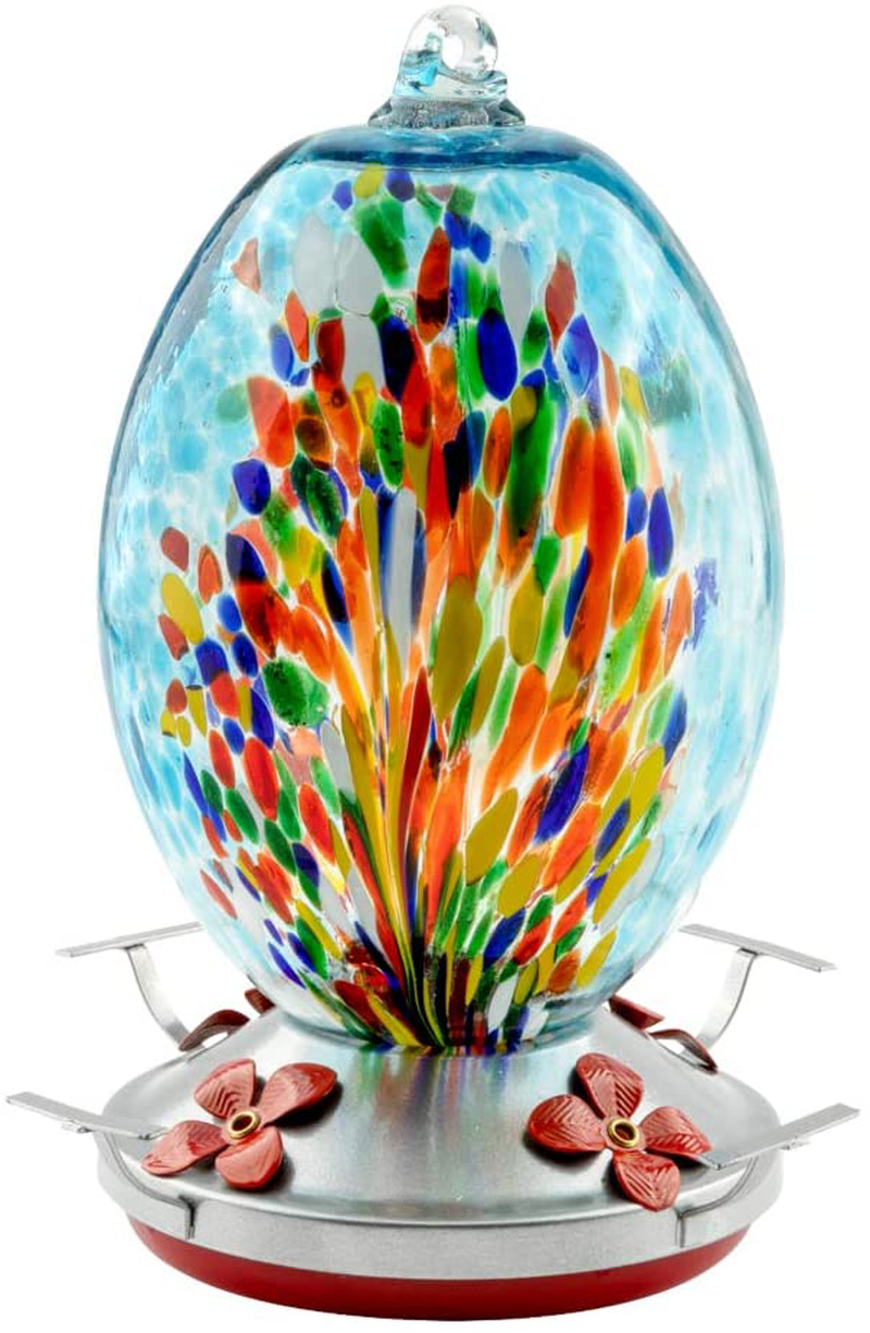 WOSIBO Hummingbird Feeder for Outdoors - Hand Blown Glass -Patio Large 30 Ounces Colorful Hummingbird Feeder, Brush and Service Card Blue Flower