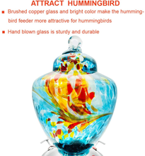 Load image into Gallery viewer, Hummingbird Feeder with Perch - Hand Blown Glass - Blue - 38 Fluid Ounces Hummingbird Nectar Capacity Include Hanging Wires and Moat Hook
