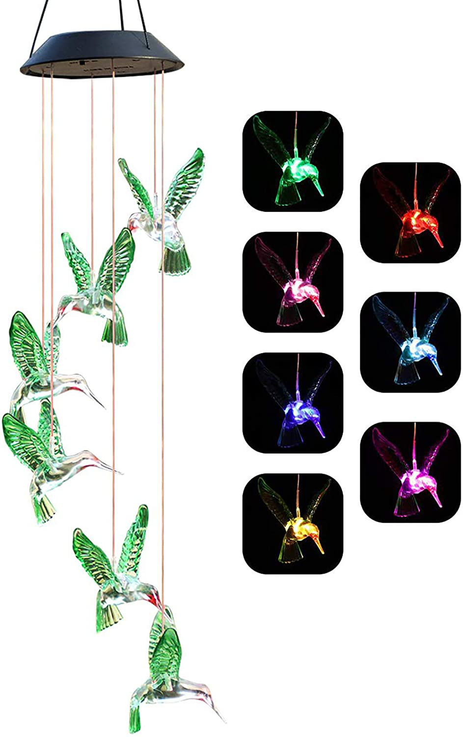 Chasgo Solar Hummingbird Wind Chime Color Changing Solar Mobile Wind Chime Outdoor Mobile Hanging Patio Light